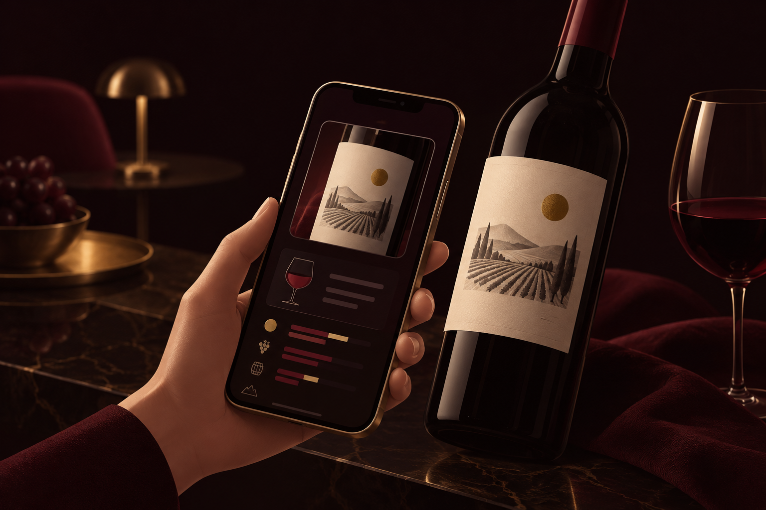 Illustration of a phone photographing a wine bottle label